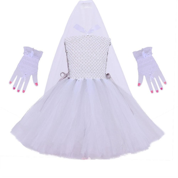 2-12 år Barn Jenter Ghost Bride Dress Veil Cosplay Kostyme Fancy Dress Klær Sett med hansker Halloween festgaver 6-7Y