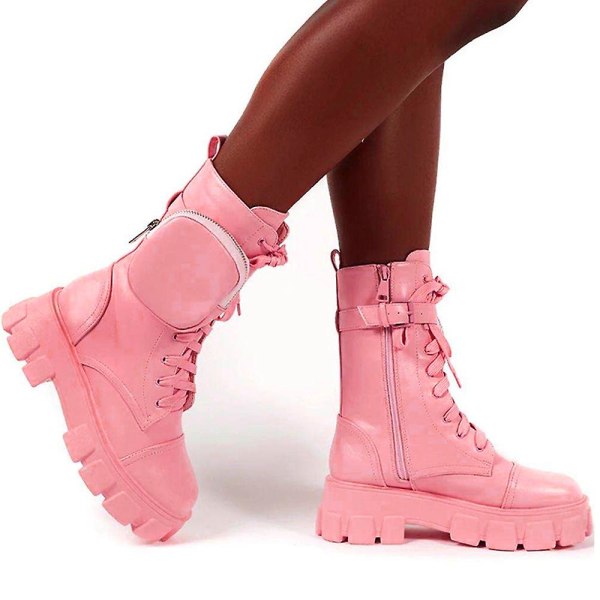 Kvinnor Combat Ankel Boots Chunky Platform Snörning Zip Biker Skor -ge Pink 42
