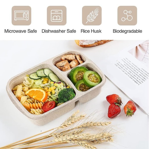 4 pakke Bento lunsjboks, 3-roms måltidsforberedelsesbeholdere, lunsjboks for barn, gjenbrukbar matbeholder