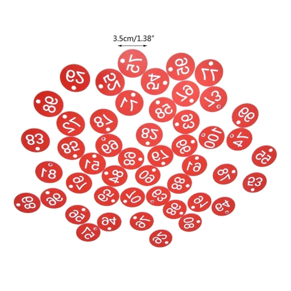 100 stk Plast ID-nummer-brikker 1-100 Gravert nummer-ID-brikke farget for nøkkelring hg Red