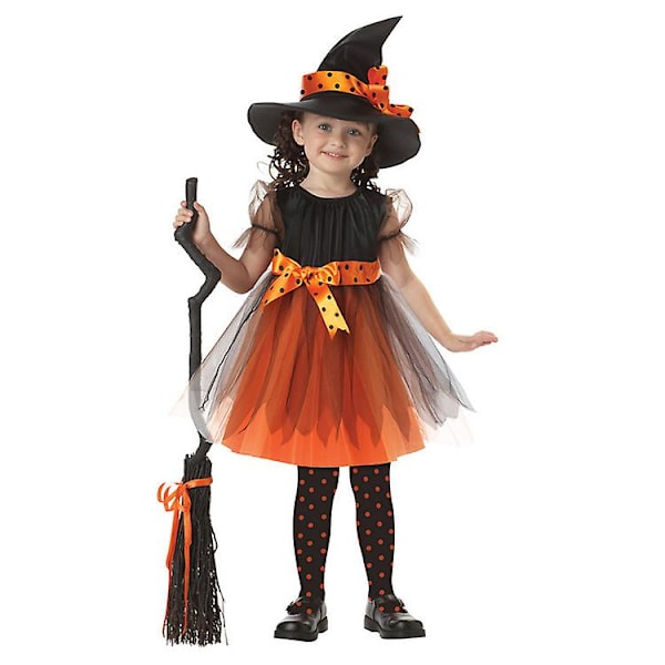 Häxkostym för flickor 4-13 år, klänning och hatt, Halloweenfestpresent - ORANGE 8-9 Years