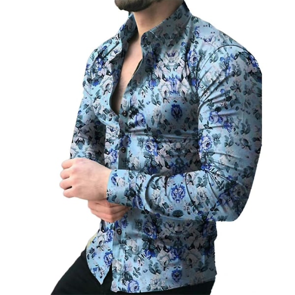 Mænds Knapløs Skjorte med Blomsterprint - Casual Langærmet Top Blue 3XL