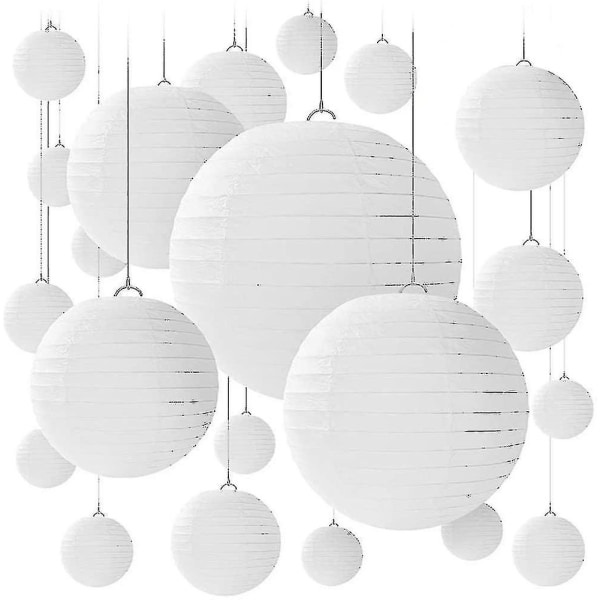 20 hvide runde papirlanterner med ribstrikket tråd i forskellige størrelser