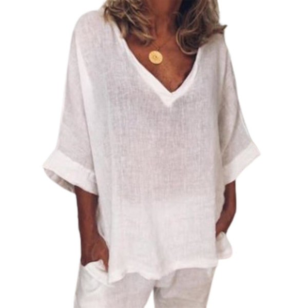 Dame V-hals Halværmet T-shirt Sommer Casual Løse Toppe White M