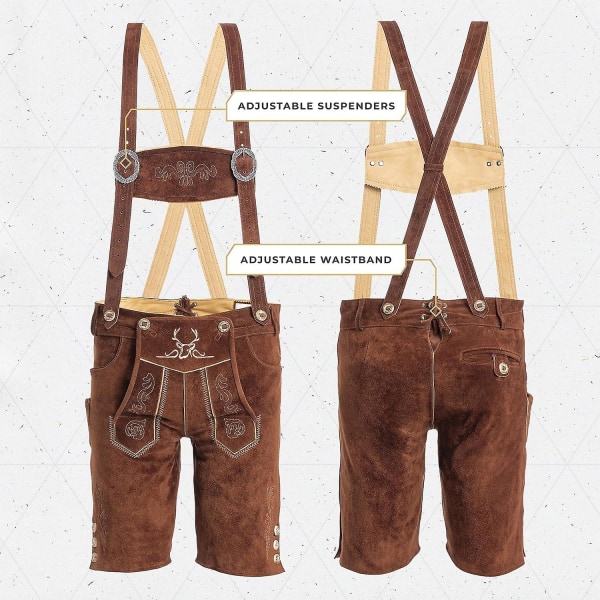 Bavaria Lederhosen Män-äkta läder Äkta läder Äkta läder tyskt läder, Oktoberfest Kläder-kort Mörkbrun -HG