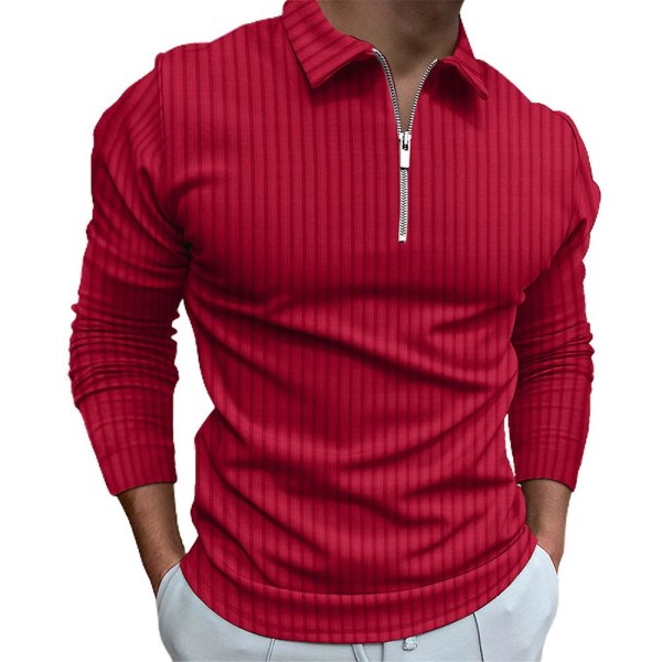 Langærmede stribede overdele til mænd med lynlås og stribede golf casual poloshirts Red L