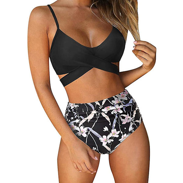 Kvinder Criss Cross Push Up svømmeoverdele Mavekontrol Halter Bikini Højtaljede badedragter Todelte badedragter Black Floral-1 Large