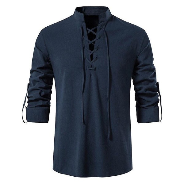 Skjorter med snøre i retrostil for menn Topper for middelalder, renessanse, vikingpirat, hippie Navy Blue 3XL