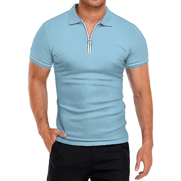 Miesten Topit Vetoketjullinen V-kaulainen Poloshirt Kesä Casual Golf-paidat Light Blue L