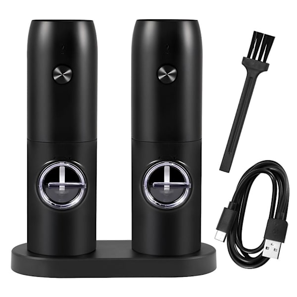 Elektrisk Pepparkvarn med Bas USB Laddningsbar Salt- och Pepparkvarn Justerbar Grovlek Black