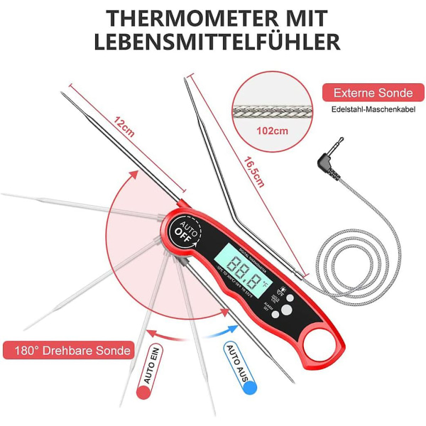 Øyeblikkelig avlesnings kjøtttermometer for grilling og matlaging, vanntett, ultrasnabb, bakgrunnsbelyst skjerm, kalibrering, digital matdetektor