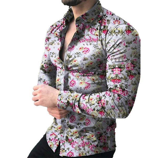 Høyhalset skjorte for menn med blomsterprint, avslappet, lang ermet Cream White L