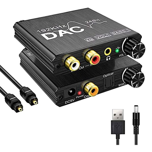 192khz digital til analog lydkonverter med bass og volumjustering, digital spdif/optisk/coax Black