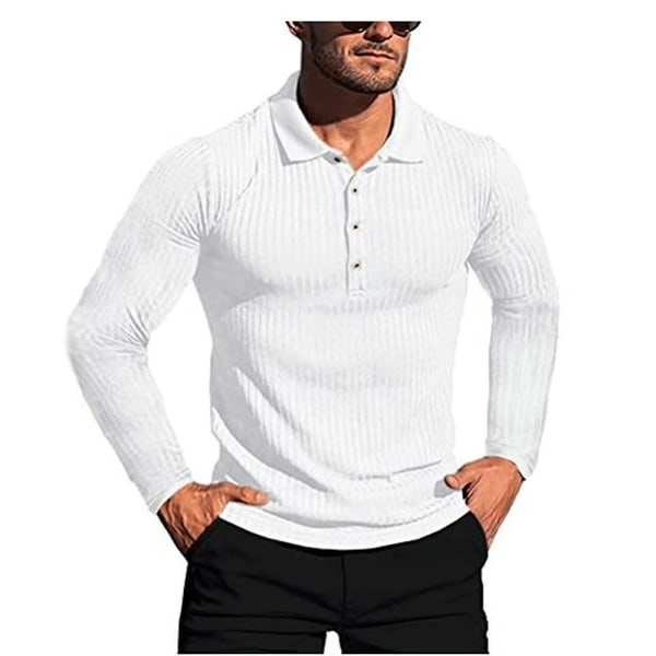 Miesten pitkähihainen poolopaita Urheilu Casual Business Shirt Topit White XL