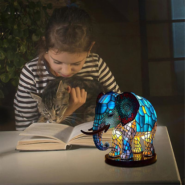 Elefant Dyrelampe Farverig Harpikslampe Kompatibel med Tiffany Lampe Bordlampe -ES kitten