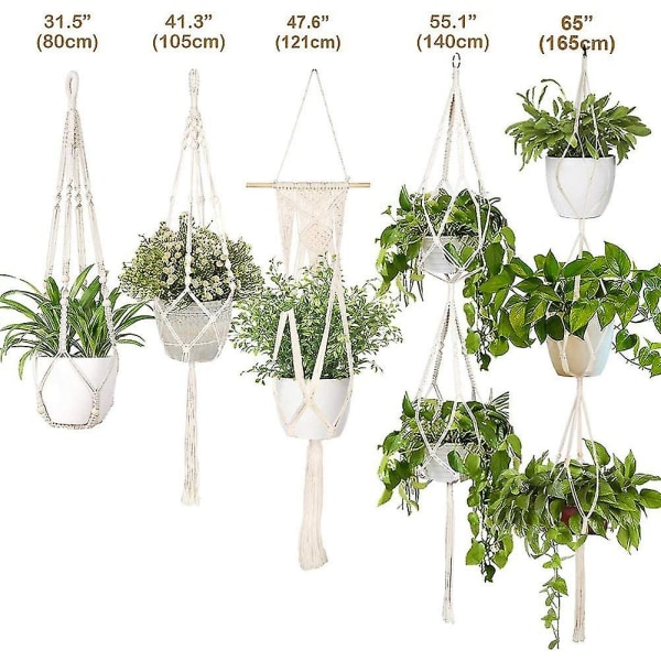 5-pack Macrame växthängare inomhus vägghängande planteringskara + 5 st krokar, handgjorda hängande växthållare Korgställ Dekorativ blomkrukhållare för Indo