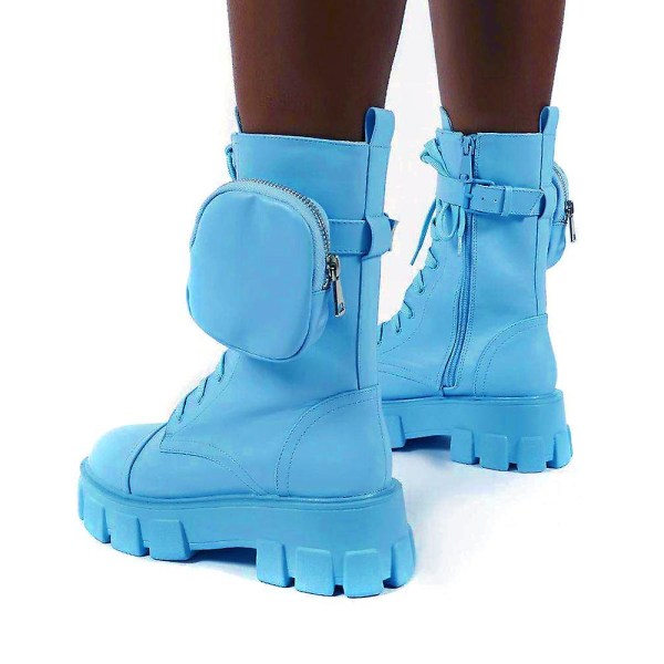 Kvinnor Combat Ankel Boots Chunky Platform Snörning Zip Biker Skor -ge Light Blue 42
