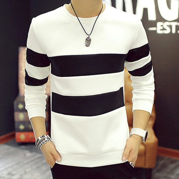 Stripete langermet t-skjorte for menn med rund hals uformelle topper White XL