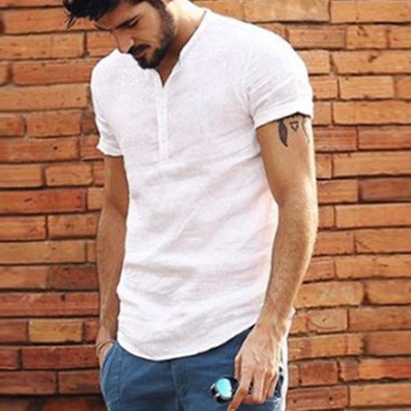 Miesten Henley Shirt lyhythihainen paita Summer Topit White 3XL
