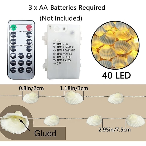 Ocean Real Seashell 0,8"(h) 40 Led String Lights 13,85ft Batteridrevet Vanntett Varm Hvit Med Timer Og Fjernkontroll For Strandtema Dekor B