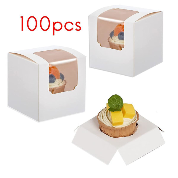 100 kpl Valkoisia Cupcake-laatikoita Yksittäin Sisäosalla, Pienet Yksittäiset Leivonnaiset Lahjalaatikot Selkeällä Ikkunalla white