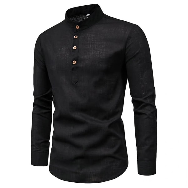 Herre Buttons Neck Shirt Casual Business langærmede toppe Black 3XL