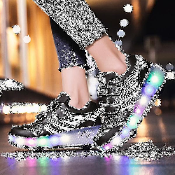 2023 Nya Led Light Up Roller Shoes Double Wheel USB Uppladdningsbara skridskoskor A -HG Black 30