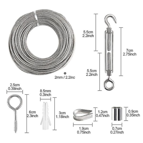 Wire Rope Kit, Havestål Wire Rope Strammer, Rustfrit stål Rope Ophængningssæt, 30 m nylonbelagt rustfrit stålwire