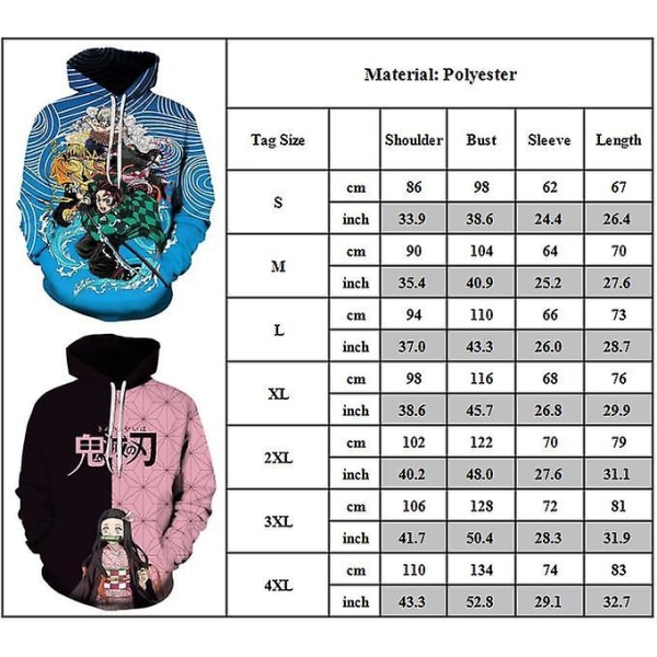 Demon Slayer Anime Hoodie for Voksne Tanjirou Nezuko 3D-trykk Hettegensere Topp Genser Gaver C 4XL