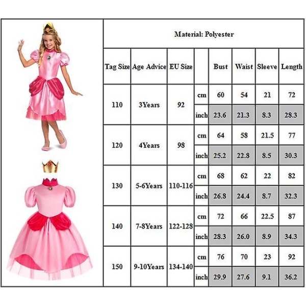 3-10 År Piger Super Brothers Peach Cosplay Kostume Prinsesse Kjole Med Krone Halloween Fest Outfit Gave 9-10 Years