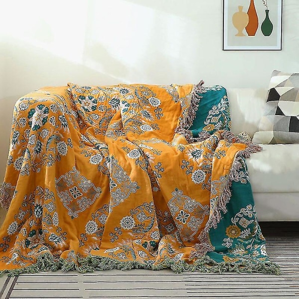 Bohemia Boho bomullsteppe kompatibelt med sofa-sofatrekk Hele sesongen Dekorativt støvhåndkle sengeteppe Kontorbilseng -ES Green 78x90inch(200x230cm)