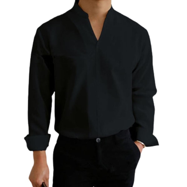 Mens Stand Up Collar V Neck Shirt Casual Long Sleeve Solid Formal Tops Black XL