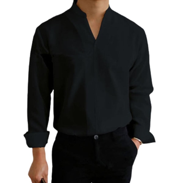 Mens Stand Up krage V-hals Skjorta Casual långärmad solida formella toppar Black XL