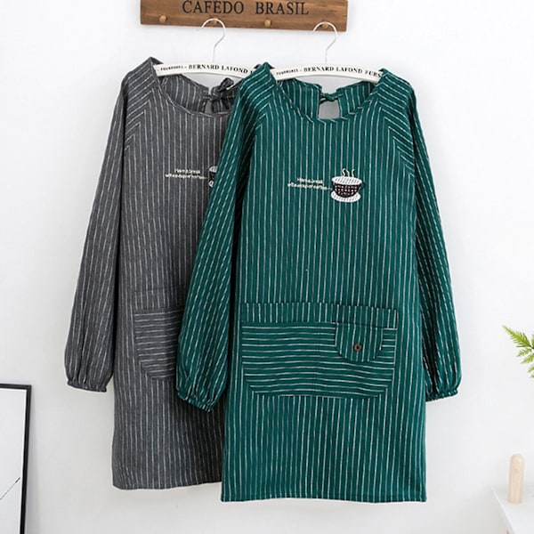 Langarmet forkle Hudvennlig med lommer Polyester Bomull Dame Arbeidsforkle For Matlaging Light Grey