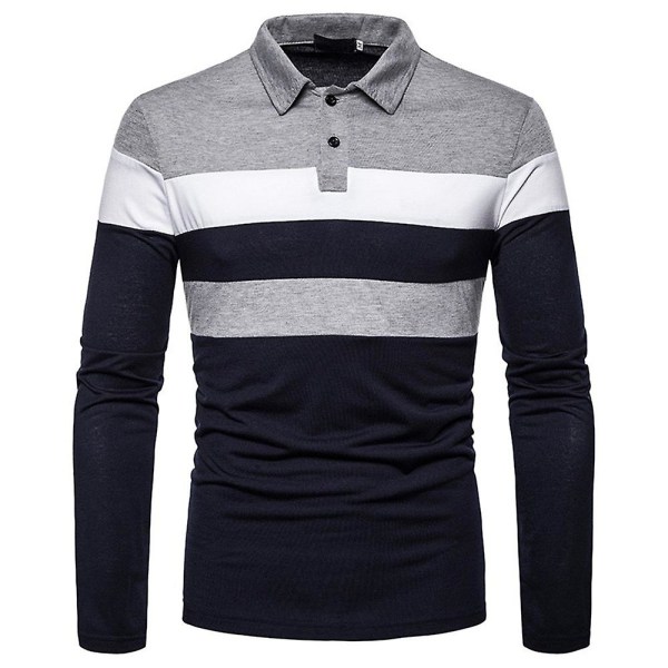 Herre Topp Patchwork Polo Skjorte Lang Erme Casual Kontor Arbeidsskjorte Navy Blue Gray L