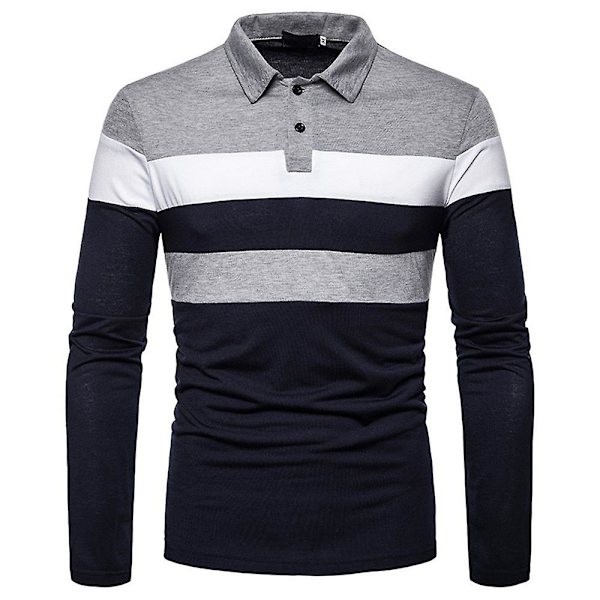 Herreoverdeler Patchwork Poloskjorte Langermet Casual Office Work Shirts Navy Blue Gray 2XL