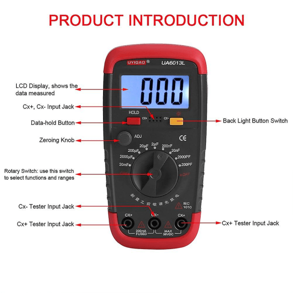 Digital kapacitansmätare Multimeter Professionell kondensatortestare 0,1pf - 20 000uf med LCD-bakgrundsljus -hg