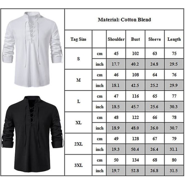 Skjorter med snøre i retrostil for menn Topper for middelalder, renessanse, vikingpirat, hippie Black 3XL