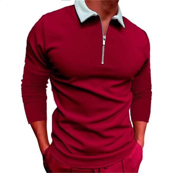 Mænds Topper Langærmet Skjorte Casual Sports Lynlås Polo Shirt Wine Red 2XL