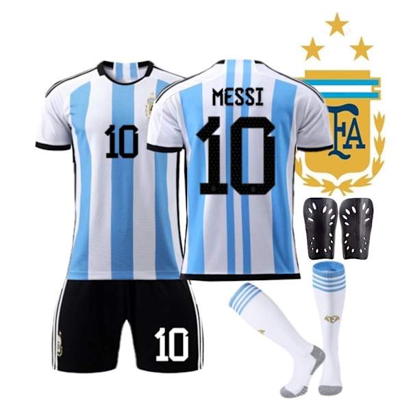 2223 Argentina hjemmetrøye Messi VM fotballuniform+sokk+beskyttelsesutstyr 24(130-140cm)