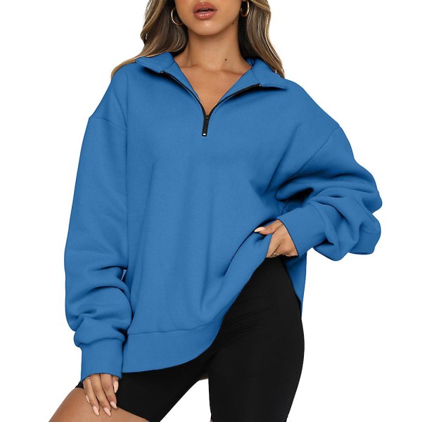 Kvinder Casual Toppe Sweatshirts Løs Langærmet Plain Pullover Blue XL
