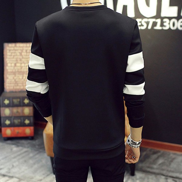 Stripete langermet t-skjorte for menn med rund hals uformelle topper Black XL