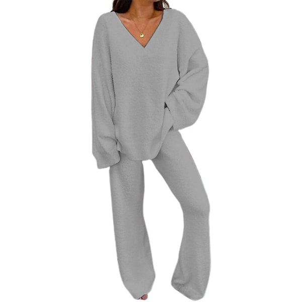 2-pack Damträningsset med V-ringad lös topp + långa byxor Loungewear Pyjamas Set Light Gray S