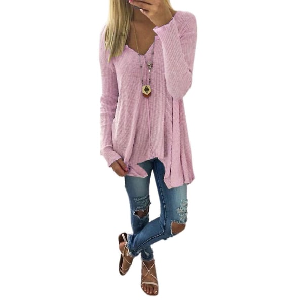 Kvinners Langærmet V-hals Enkelt Strikket Tunika Pullover Casual Topp Pink L