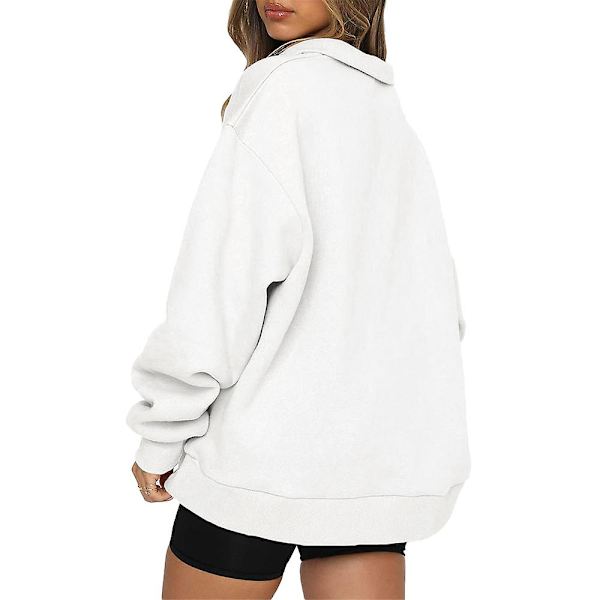 Kvinder Casual Toppe Sweatshirts Løs Langærmet Plain Pullover White 2XL