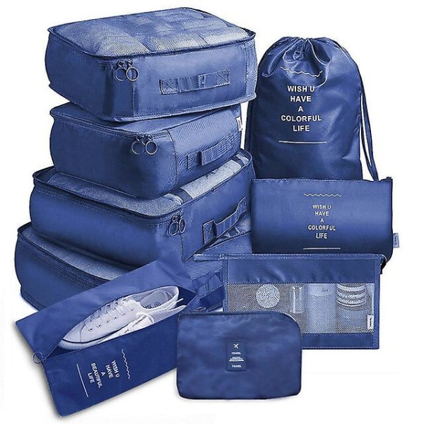 Rejsearrangørsæt, 9 stykker, bærbare bagagetasker, ideel til opbevaring af sko og tøj i din kuffert Navy  9-piece set