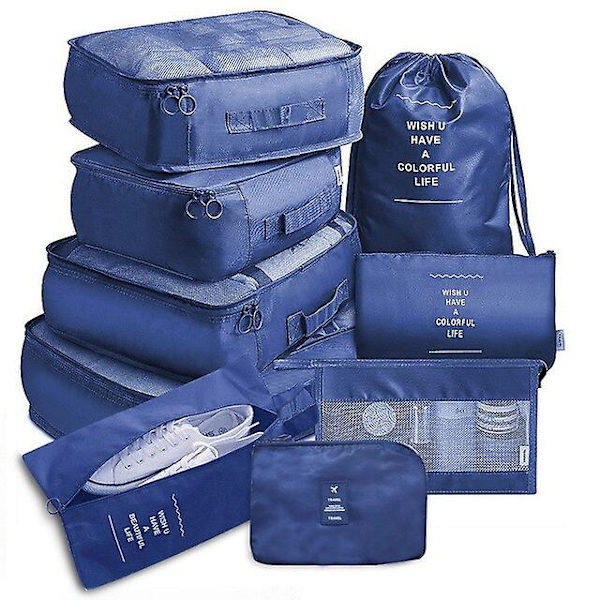 Reseväska-set med 9 delar, bärbara väskor, perfekt för förvaring av skor och kläder i resväskan Navy  9-piece set