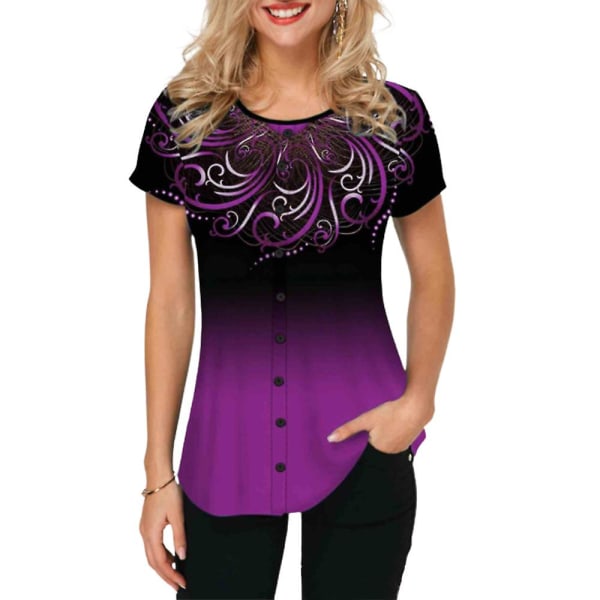 Dame Gradient Knapløs T-shirt med Korte Ærmer Sommer Casual Tops Purple L