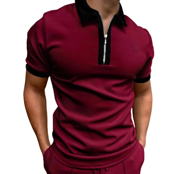 Herr pikétröja kortärmad sommar dragkedja krage golf toppar Wine Red 3XL