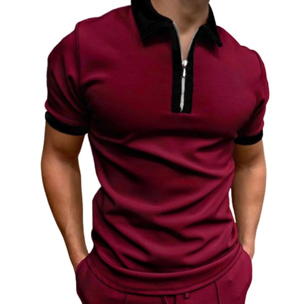 Herre poloskjorte kortermet sommer glidelås krage golf topper Wine Red XL